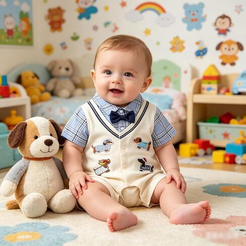 Newborn Baby Boy Summer Romper Dachshund Preppy Fake 2-Piece Outfit Cotton Infant Jumpsuit in Saudi Arabia