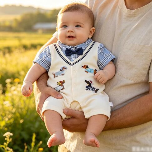 Newborn Baby Boy Summer Romper Dachshund Preppy Fake 2-Piece Outfit Cotton Infant Jumpsuit in Saudi Arabia