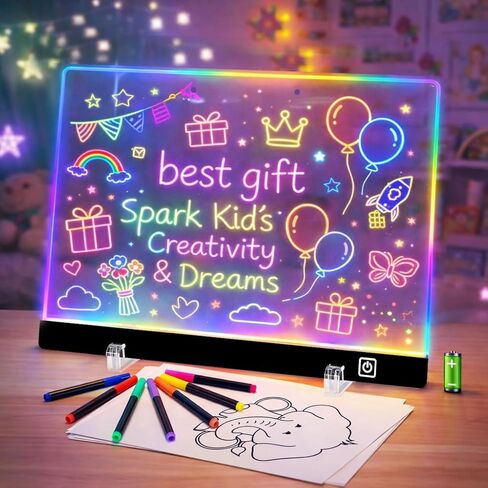 لوحة رسم LED قابلة لإعادة الشحن مقاس 16 بوصة للأطفال مع 9 تأثيرات ضوئية و4 أوضاع، تتضمن محول و7 أقلام تحديد وأوراق تتبع، هدية للأطفال/الفتيات/المراهقين in Kuwait