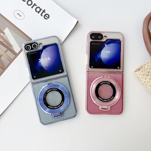 حافظة مغناطيسية لامعة بحامل حلقي 360 درجة لهاتف سامسونج جالاكسي Z فليب 6، (متوافقة مع Magsafe) غطاء بمسند لامع للسيدات فاخر وجذاب لهاتف جالاكسي Z فليب 6 (وردي) in Kuwait