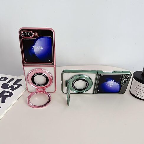 حافظة مغناطيسية لامعة بحامل حلقي 360 درجة لهاتف سامسونج جالاكسي Z فليب 6، (متوافقة مع Magsafe) غطاء بمسند لامع للسيدات فاخر وجذاب لهاتف جالاكسي Z فليب 6 (وردي) in Kuwait