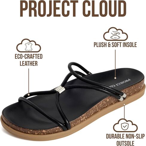 صنادل Project Cloud للسيدات أنيقة مع نعل داخلي قطيفة وناعمة - صنادل بأشرطة مضادة للانزلاق للنساء 2026 - شرائح خفيفة الوزن للأحذية النسائية - صنادل نسائية أنيقة (FLOAT، BLK، 7M) in Kuwait