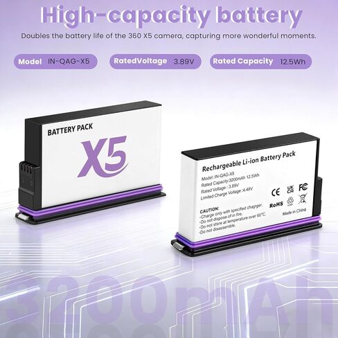 Insta 360 X5 Battery 2-Pack (3200mAh) with Fast Charger, 2850mAh Insta 360 X5 Replacement Batteries for Insta360 X5 Camera in Kuwait