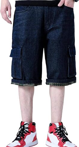 Yeokou Men's Loose Hip Hop Cropped Jeans Work Denim Shorts with Cargo Pockets in Kuwait