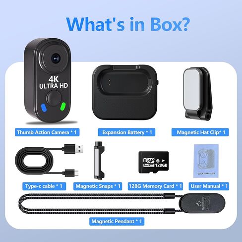 4K Mini Body Camera with 128GB Card,Thumb Action Cam with WiFi, 150° Wearable Hands-Free Chest Recording POV Camera - Magnetic Personal Clip On Camcorder for Cycling/Travel/Outoor/Work (Black) in Kuwait