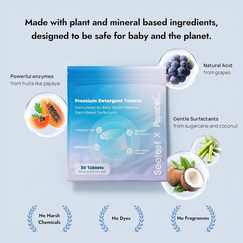 Papablic Upgraded 120Pcs Baby Bottle Washer Tablets, Plant-Based UltiPept Enzyme Formula, Deep Cleaning for Milk Residue & Odor, Gentle on Bottles & Pump Parts, Compatible with All Bottle Washers in Saudi Arabia