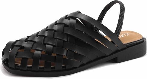 Women's Leather Woven Stretch Ankle Strap Sandals Closed Round Toe Cutout Breathable Flat Mule Slippers Non-Slip Comfortable Slip-On Casual Shoes for Spring Summer Beach in Saudi Arabia