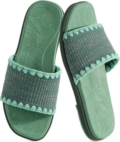 ONCAI Women’s Flat Slides Sandals Soft Knitted with Golden Thread Inlay Summer Vacation Walking Sandalias Mujer with Outdoor Rubber Soles US Size 6-11 in Kuwait