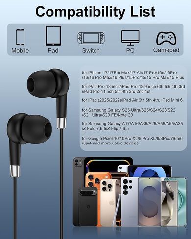 Wired Earbuds USB C iPhone 17 Headphones Type C Ear Buds with Cord for Apple 17 Pro Max Air 16e 16Pro 16Plus 15Pro 15 Plus USB-C EarPods Earphones in-Ear with Mic for Galaxy S25 S24 Ultra, Pixel 10 9 in Saudi Arabia