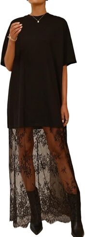Women Floral Lace Patchwork Maternity Maxi T Shirt Dress | 2026 Summer Loose Crewneck Short Sleeve Long Sundress Beach, Ideal for Pregnancy and Casual Everyday Wear, Swing Dresses in Saudi Arabia