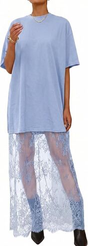LEMAFER Women 2026 Summer Loose Maxi Dress Casual Floral Lace Patchwork Crewneck Short Sleeve T Shirt Long Sundress Beach in Kuwait