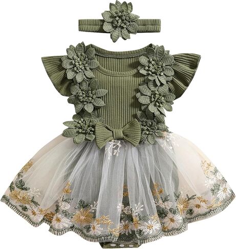 Baby Girls Rompers Dress Round Neck Floral Embroidery Mesh Skirt Hem Infant Bodysuits Jumpsuits with Headband in Kuwait