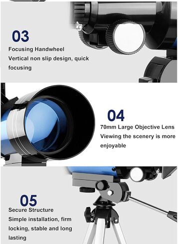 Eujgoov Portable Refracting Telescope, 70mm Aperture 300mm Length 15-150X Magnification with Smartphone Adapter and Tripod, for Adults Kids Astronomy Beginners in Kuwait