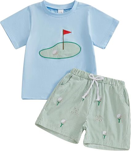 Toddler Baby Boy Golf Outfit Summer Short Sleeve Golf Course T-shirt Tees Striped Shorts Two Piece Smocked Clothes in Kuwait