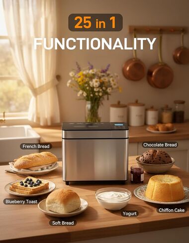 25-IN-1 Bread Maker with Recipes, 2lb Automatic Bread Machine with Visible Lid, Automatic Nut Dispenser/One-Touch Control/13 Hours Delay Timer, Easy to Begin and High Success Rate for Homemade Bread in Saudi Arabia