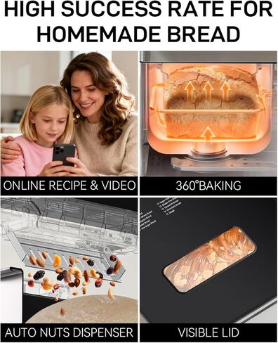 25-IN-1 Bread Maker with Recipes, 2lb Automatic Bread Machine with Visible Lid, Automatic Nut Dispenser/One-Touch Control/13 Hours Delay Timer, Easy to Begin and High Success Rate for Homemade Bread in Saudi Arabia