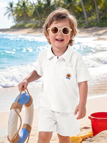 Volunboy Baby Boys Summer Loop Terry Cloth T-Shirt Shorts Set Short Sleeve Beach Lightweight Toweling Collar Matching Outfits in Saudi Arabia