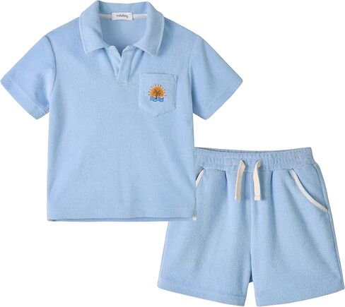 Volunboy Baby Boys Summer Loop Terry Cloth T-Shirt Shorts Set Short Sleeve Beach Lightweight Toweling Collar Matching Outfits in Saudi Arabia