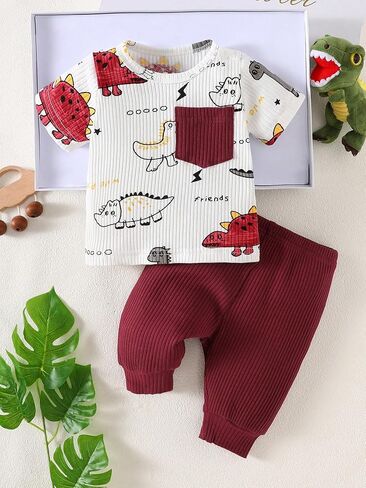 Baby Boy Dinosaur Clothes Set 2Pcs Infant Short Sleeve Top and Ribbed Pants Outfits Newborn Clothing Burgundy in Kuwait