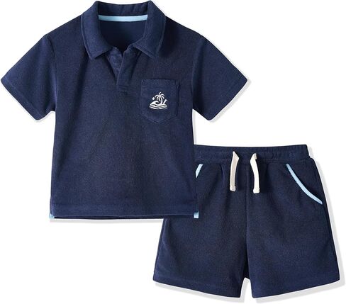 Volunboy Baby Boys Summer Loop Terry Cloth T-Shirt Shorts Set Short Sleeve Beach Lightweight Toweling Collar Matching Outfits in Saudi Arabia