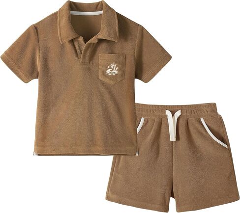 Volunboy Baby Boys Summer Loop Terry Cloth T-Shirt Shorts Set Short Sleeve Beach Lightweight Toweling Collar Matching Outfits in Saudi Arabia
