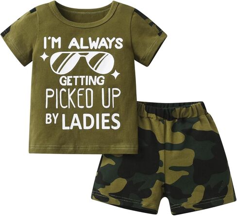 Kulcerry Infant Baby Boy Summer Clothes Toddler Short Sleeve Letter Print T-Shirt Tops Camouflaged Shorts 2Pcs Outfits Set in Kuwait