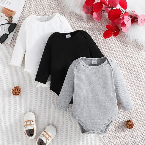 3-Pack Infant Long Sleeve Ribbed Bodysuit Set, Soft Fiber One-Piece Outfit for Newborn, Neutral Colors in Kuwait