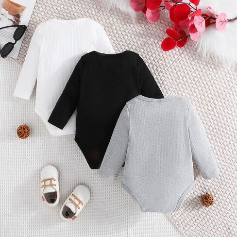 3-Pack Infant Long Sleeve Ribbed Bodysuit Set, Soft Fiber One-Piece Outfit for Newborn, Neutral Colors in Kuwait