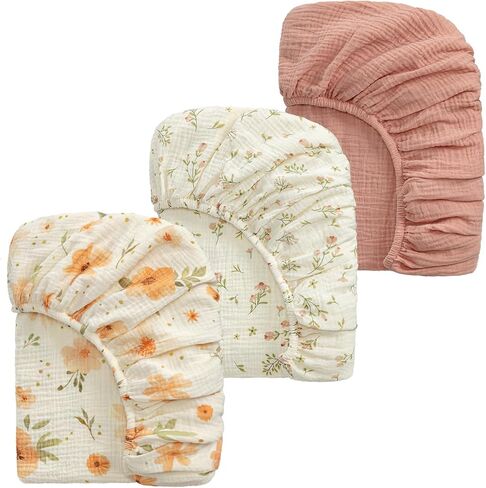 Muslin Crib Sheets, 52"x28" Fitted Crib Sheet for Baby Girl and Boy, 4 Pack Soft Cotton Cover for Standard Crib Baby Bed and Toddler Mattress (Floral, Pink and Brown) in Kuwait