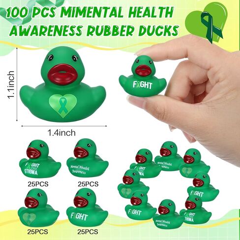 MiniInflat 100 قطعة من البط المطاطي للتوعية بالصحة العقلية، مجموعة متنوعة من البط المطاطي ذو الشريط الأخضر الصغير، دعم الصحة العقلية، ألعاب البط للأعمال الخيرية، والمناسبات الصحية المكتبية in Kuwait