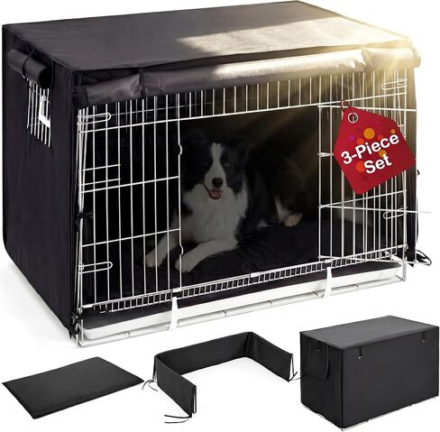 Lounsweer 3 Pcs Dog Crate Cover Set with Kennel Cover Fit for 42 Inch Wire Crates, Bed Mat & Bumper Pad, All-Black Pet Kennel Sunshade Accessories, Light Reducing Puppy Training Crate Privacy in Saudi Arabia