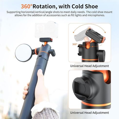Action Camera Tripod Selfie Stick, 5 Section with 360 Rotation 34cm to 140cm Extendable Aluminum Alloy Handheld Tripod Pole with Magnetic Base for Vlogging Photography in Kuwait