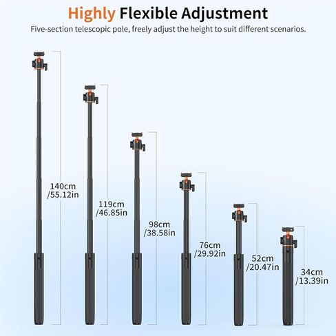 Action Camera Tripod Selfie Stick, 5 Section with 360 Rotation 34cm to 140cm Extendable Aluminum Alloy Handheld Tripod Pole with Magnetic Base for Vlogging Photography in Kuwait