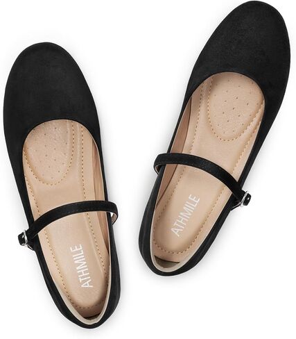 ATHMILE Women's Mary Jane Flats Round Toe Adjustable Buckle Dressy Comfortable Ballet Shoes for Business Casual Black in Kuwait