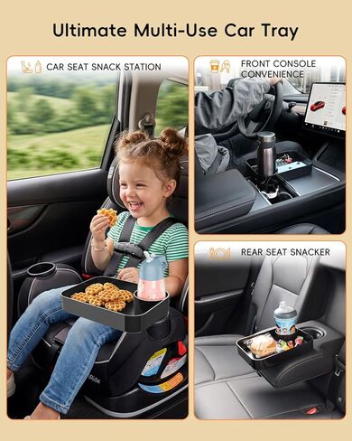 Car Seat Snack Tray for Kids Toddler Travel with Cup Holder & Dip Well | Square Snack Tray, Easy Clean Design, Holds Snacks Drinks, Car Seat & Car Use, Family Travel Essentials in Saudi Arabia
