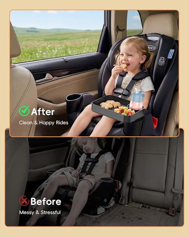 Car Seat Snack Tray for Kids Toddler Travel with Cup Holder & Dip Well | Square Snack Tray, Easy Clean Design, Holds Snacks Drinks, Car Seat & Car Use, Family Travel Essentials in Saudi Arabia