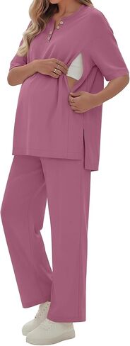2 Piece Maternity Nursing Set Postpartum Breastfeeding Short Sleeve Zipper Shirts Wide Leg Pants Pregnancy Clothes in Kuwait