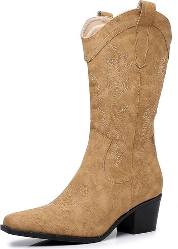 Cowboy Boots for Women, Western Brown Black Cowgirl Boots with Snip Toe Chunky Heel Mid Calf Cow Girl Boots in Kuwait