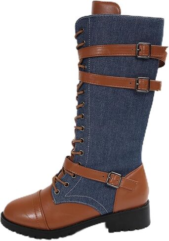 Women's Mid Calf Boots Lace up Combat Boots Denim Leather Riding Motorcycle Long Booties Low Heel Gothic Motorcycle Flats Long Shoes in Kuwait