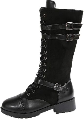 Women's Mid Calf Boots Lace up Combat Boots Denim Leather Riding Motorcycle Long Booties Low Heel Gothic Motorcycle Flats Long Shoes in Saudi Arabia