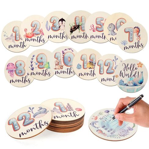 Pregnancy and Baby Shower Gift, Baby Monthly Milestone Cards with Animal Print Milestone Wood Plates Includes Birth Notice Sign for Boy/Girl (SeaAnimals Print) in Saudi Arabia
