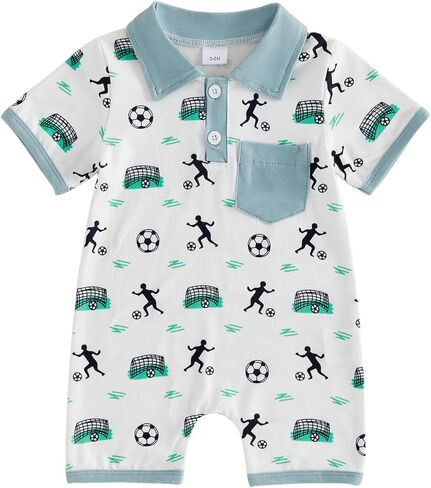 Sasaerucure Newborn Infant Baby Boy Soccer Outfit Short Sleeve Button Down Onesie One Piece Summer Romper Clothes in Kuwait