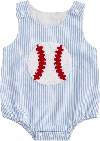 Newborn Baby Boy Girl Summer Outfit Baseball Embroidery Romper Jumpsuit Sleeveless Smocked Bodysuit Overalls Clothes (Blue, 12-18 Months) in Kuwait