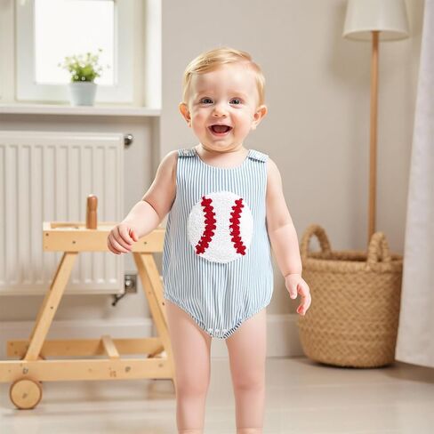 Newborn Baby Boy Girl Summer Outfit Baseball Embroidery Romper Jumpsuit Sleeveless Smocked Bodysuit Overalls Clothes (Blue, 12-18 Months) in Kuwait