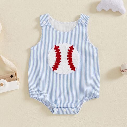 Newborn Baby Boy Girl Summer Outfit Baseball Embroidery Romper Jumpsuit Sleeveless Smocked Bodysuit Overalls Clothes (Blue, 12-18 Months) in Kuwait