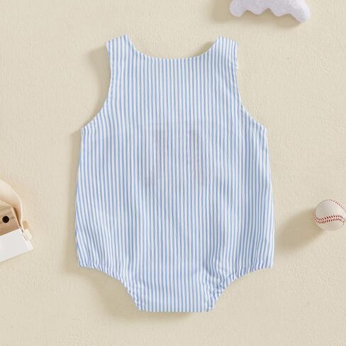 Newborn Baby Boy Girl Summer Outfit Baseball Embroidery Romper Jumpsuit Sleeveless Smocked Bodysuit Overalls Clothes (Blue, 12-18 Months) in Kuwait