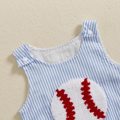 Newborn Baby Boy Girl Summer Outfit Baseball Embroidery Romper Jumpsuit Sleeveless Smocked Bodysuit Overalls Clothes (Blue, 12-18 Months) in Kuwait