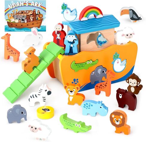 Hoarosall 27-Piece Wooden Noah's Ark Toy for 1-3 Year Olds Baptism Christmas Birthday Gift Bilingual Bible Story Montessori Shape Sorter Christian Educational Toy for Boys Girls in Kuwait