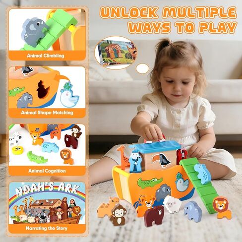Hoarosall 27-Piece Wooden Noah's Ark Toy for 1-3 Year Olds Baptism Christmas Birthday Gift Bilingual Bible Story Montessori Shape Sorter Christian Educational Toy for Boys Girls in Kuwait
