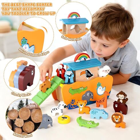 Hoarosall 27-Piece Wooden Noah's Ark Toy for 1-3 Year Olds Baptism Christmas Birthday Gift Bilingual Bible Story Montessori Shape Sorter Christian Educational Toy for Boys Girls in Kuwait